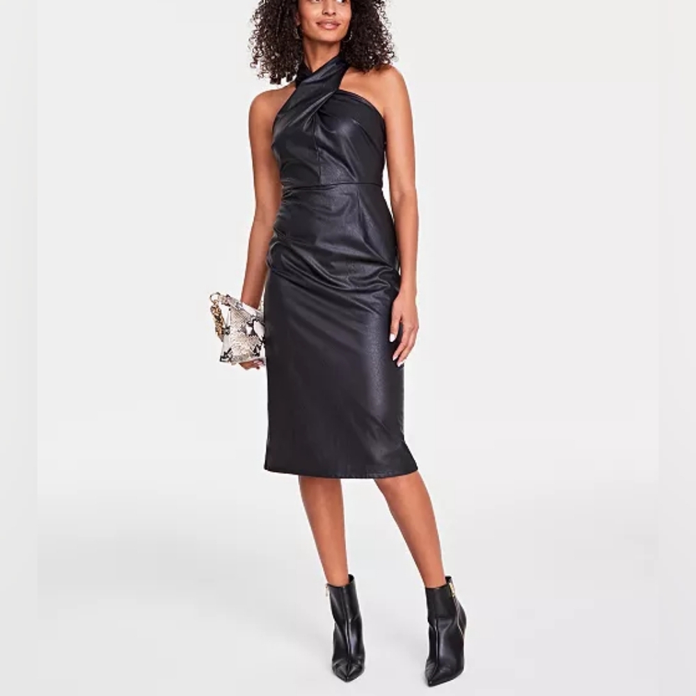 NWT Rachel Roy Black Faux Leather Halter Dress